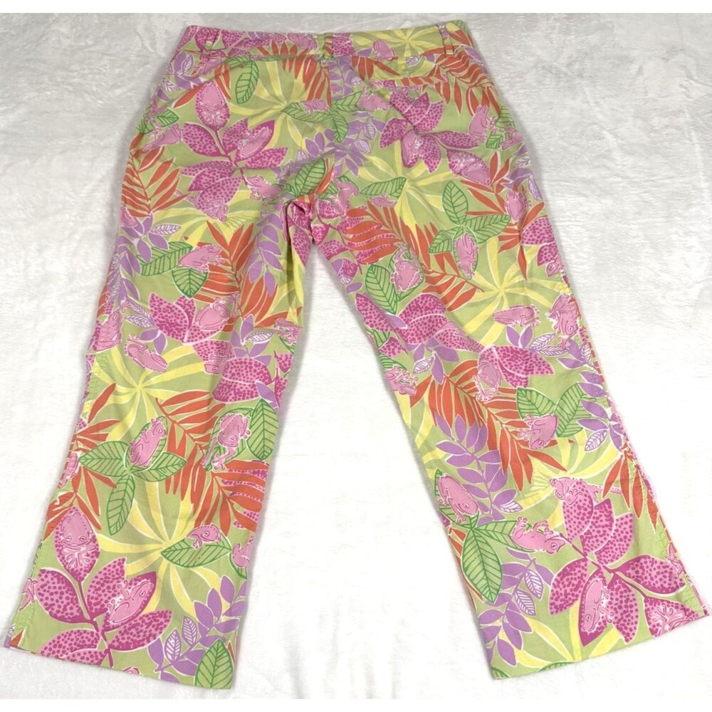 Vintage Lilly Pulitzer Bottoms Up Frog Print Capri Pants Womens 8 Pink Green - Picture 2 of 8